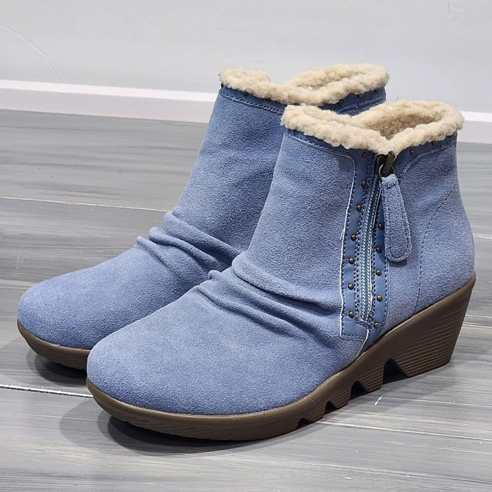 Skechers‎ Booties Jumper Sweet Stud Blue Suede Sherpa Lined Wedge Boots Size 6 - Picture 2 of 12